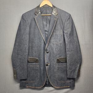 Il Canto Mens Denim Sport Coat Blazer Jacket 42 R Blue Faux Leather Trim Vintage